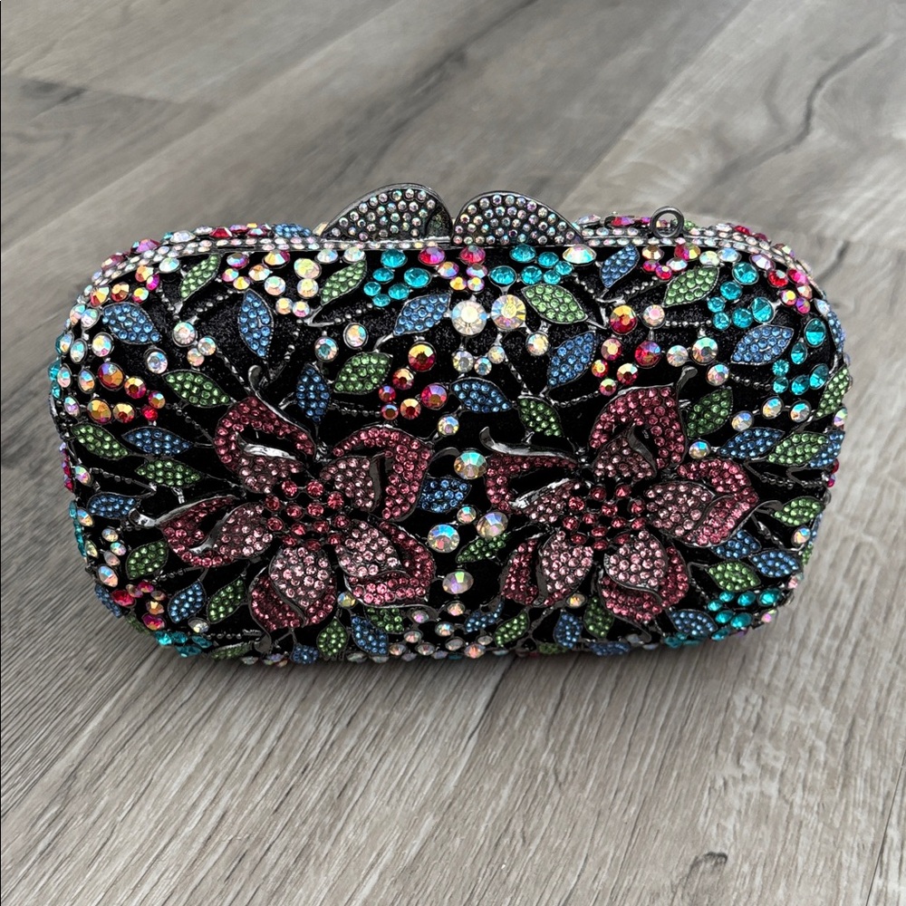 Floral Embellished Clutch with Multicolor Crystals